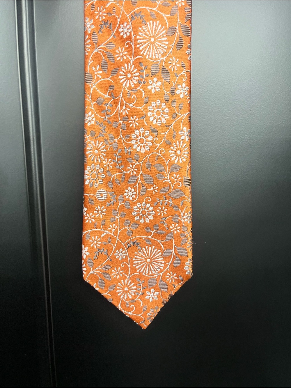 Paul Fredrick Orange Tie with Silver Floral Jacquard